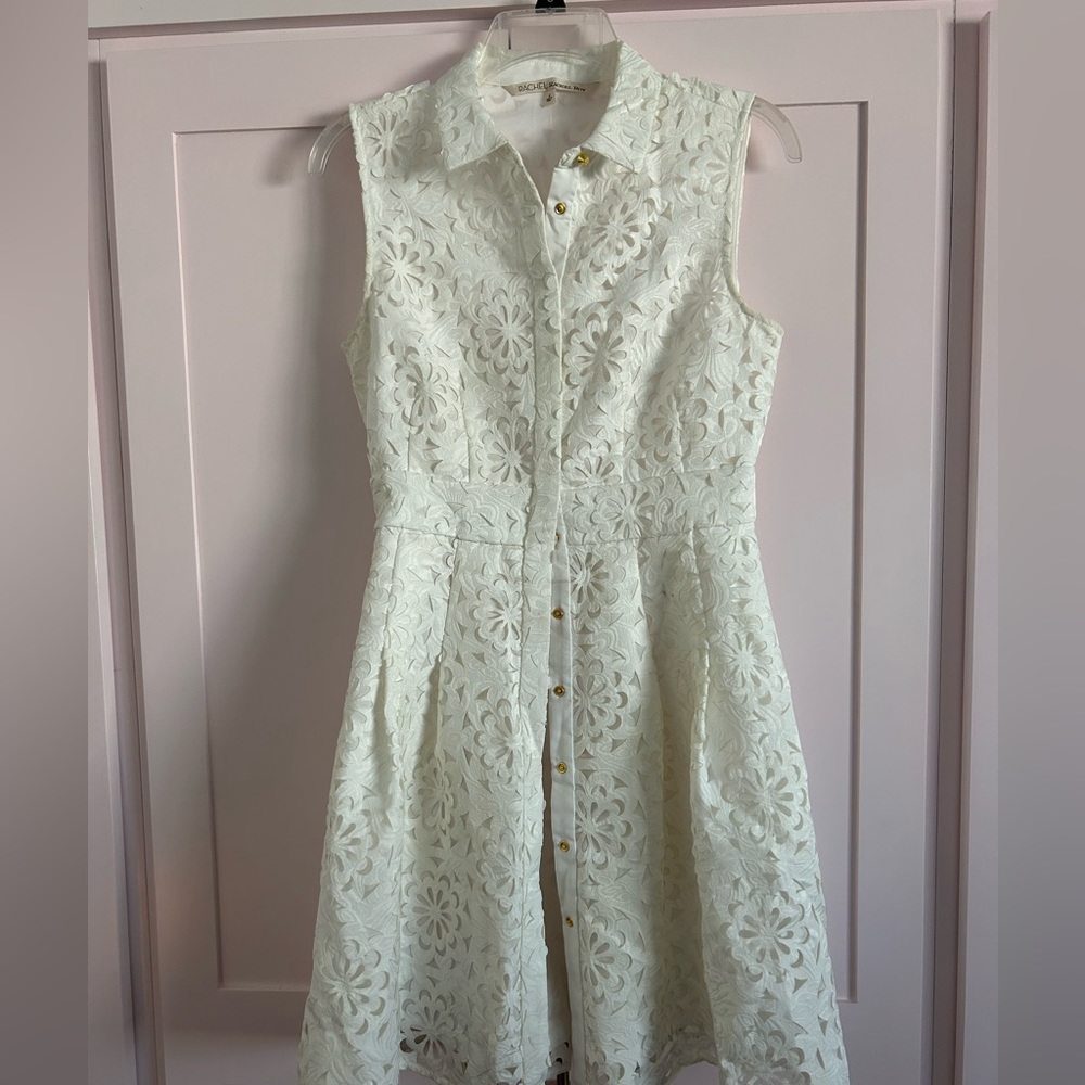 Rachel Roy white cutout lace dress with collar and snap buttons, Size 4